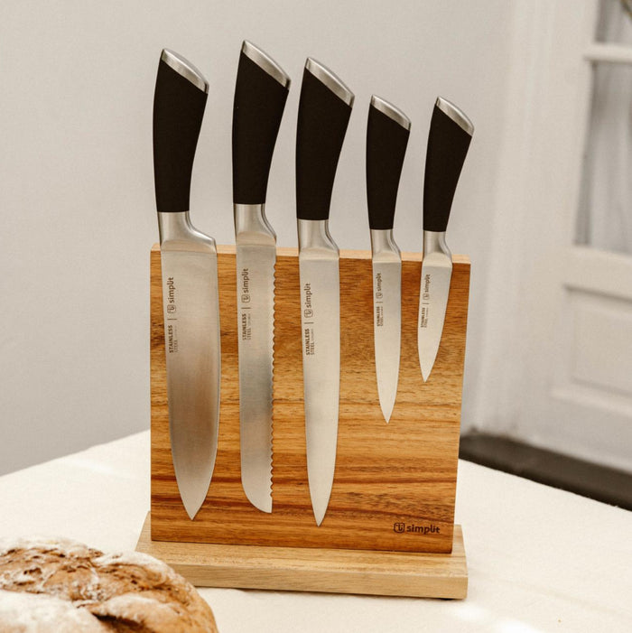 Simplit Set Cuchillos Küche 5 pcs acero inoxidable con base — frontal