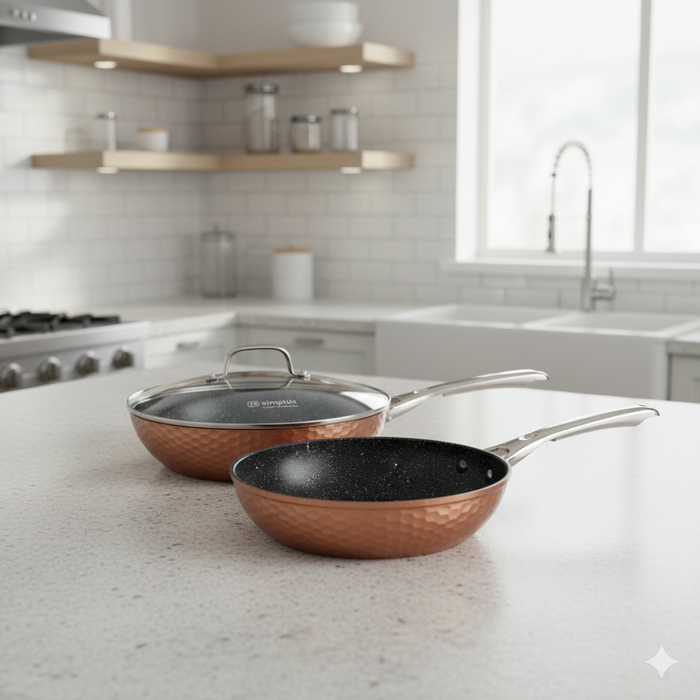 Set 2 Sarténes Cobre Antiadherente 28cm Tapa + 24cm Simplit