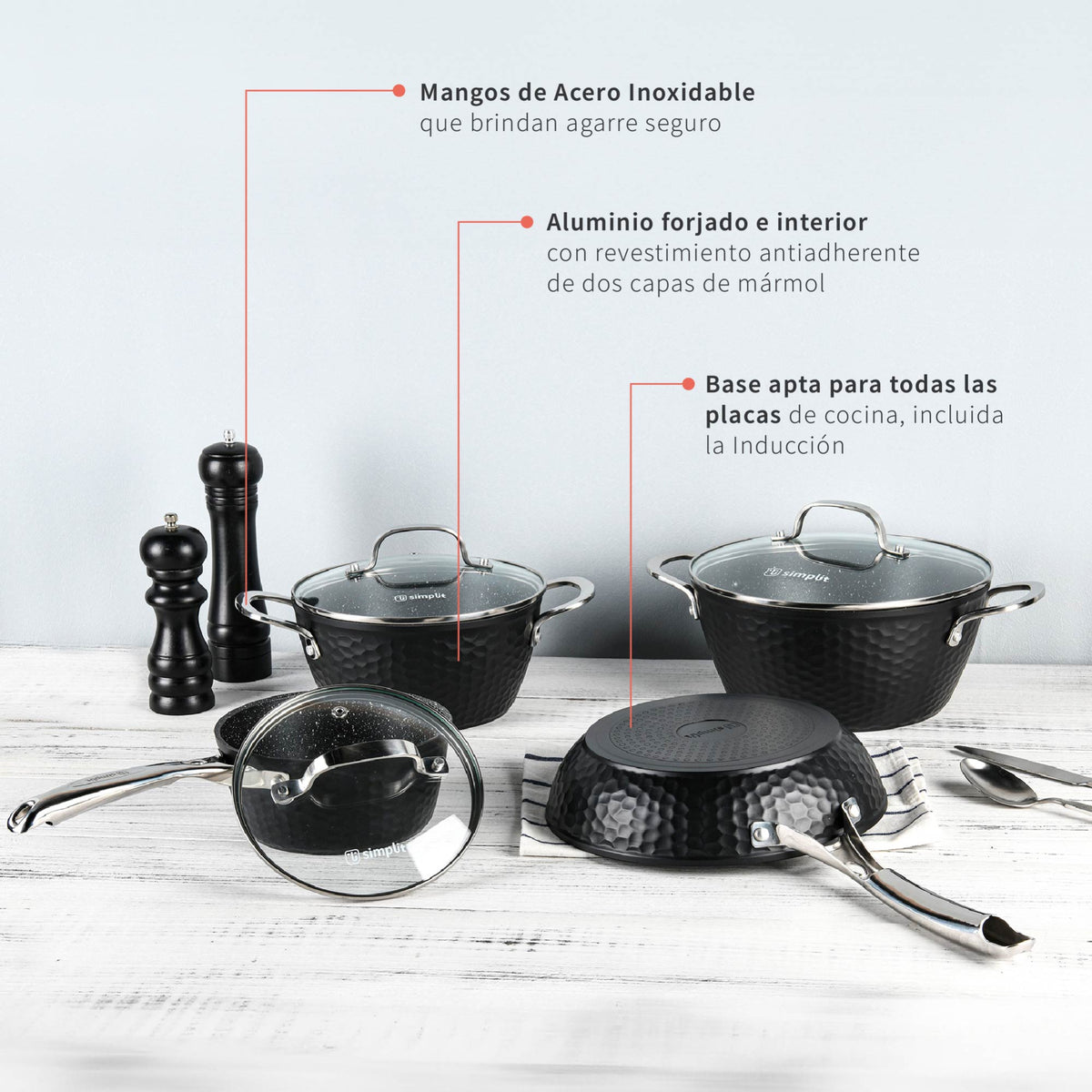 Pack Batería Copper 7Pz + Set 12 Utensilios Negro Simplit
