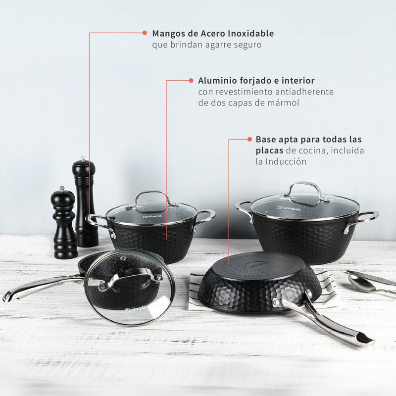 Pack Batería Copper 7Pz + Set 12 Utensilios Negro Simplit
