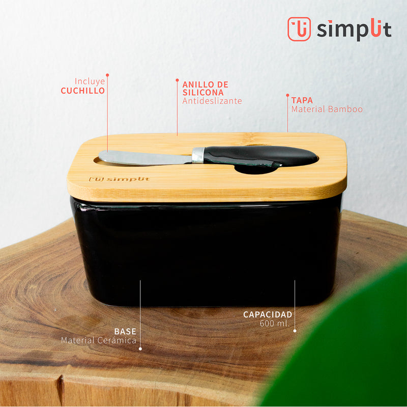 Mantequillero Cerámica Tapa Bamboo + Cuchillo 600 ml Simplit
