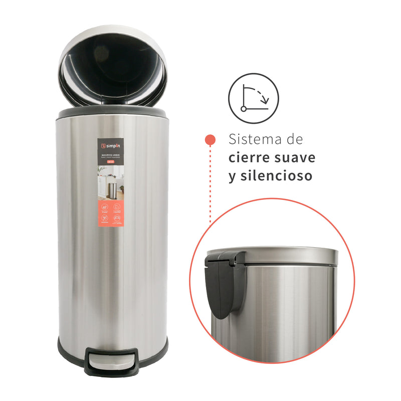 Basurero Cocina Urban 30lts Pedal Acero Inox Simplit