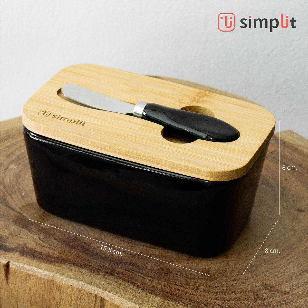 Mantequillero Cerámica Tapa Bamboo + Cuchillo 600 ml Simplit
