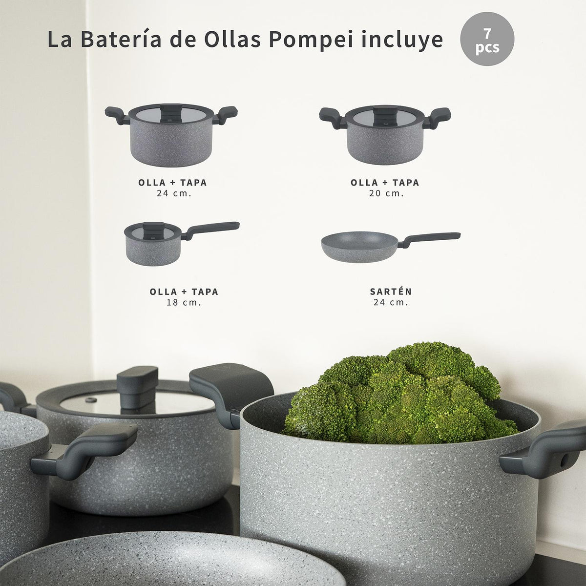 Simplit Batería Pompei — vista conjunto ollas y sartén granito