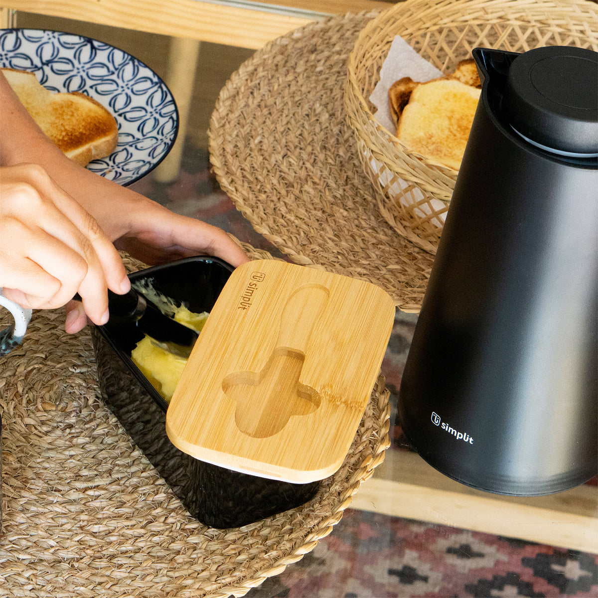Mantequillero Cerámica Tapa Bamboo + Cuchillo 600 ml Simplit