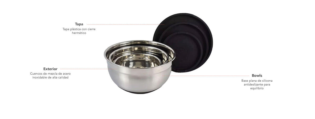 Simplit | Set 3 Bowls con Tapa Acero Inoxidable Antideslizante
