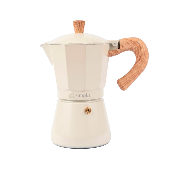 Crema · Cafetera Italiana Savannah 4 tazas 300 ml de aluminio Simplit, frontal sobre fondo blanco