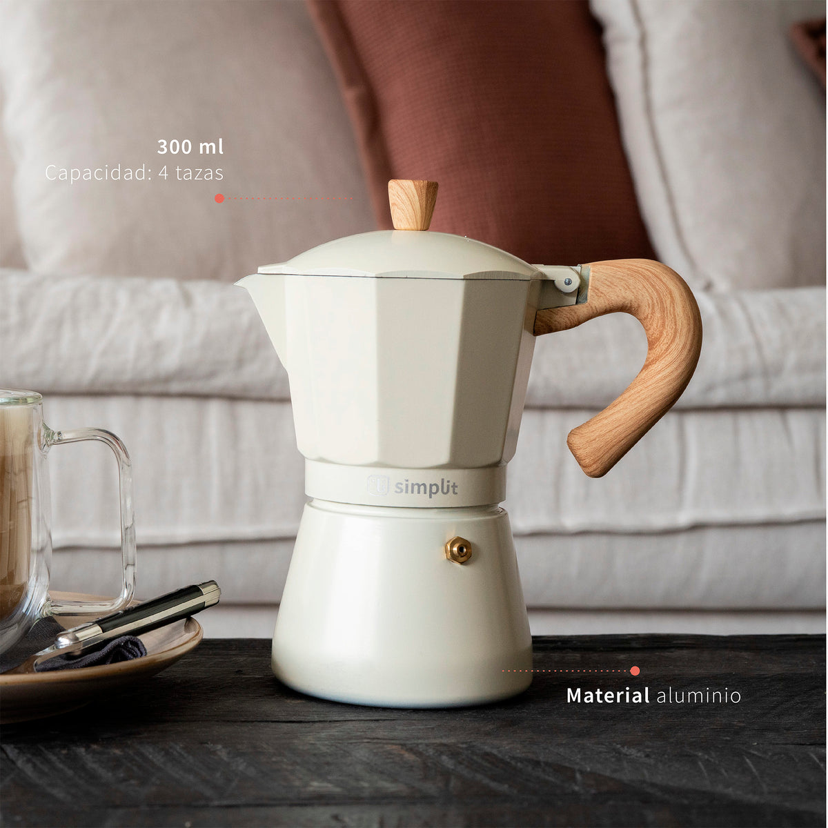 Crema · Cafetera Italiana Savannah 4 tazas 300 ml de aluminio Simplit, detalle de capacidad y material