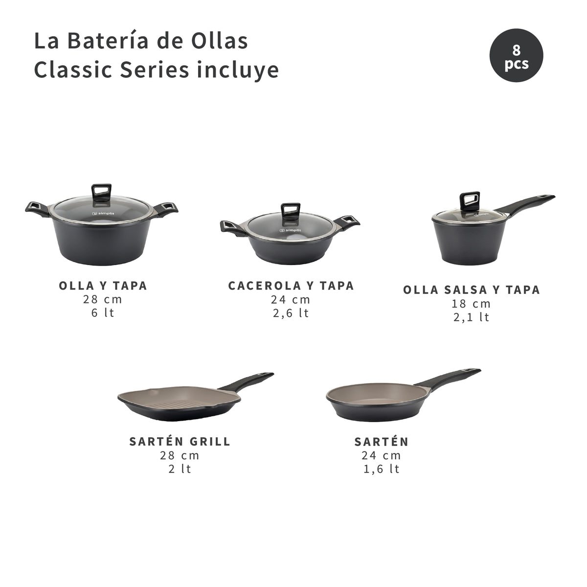Batería de Cocina Antiadherente Classic 8 Piezas Simplit