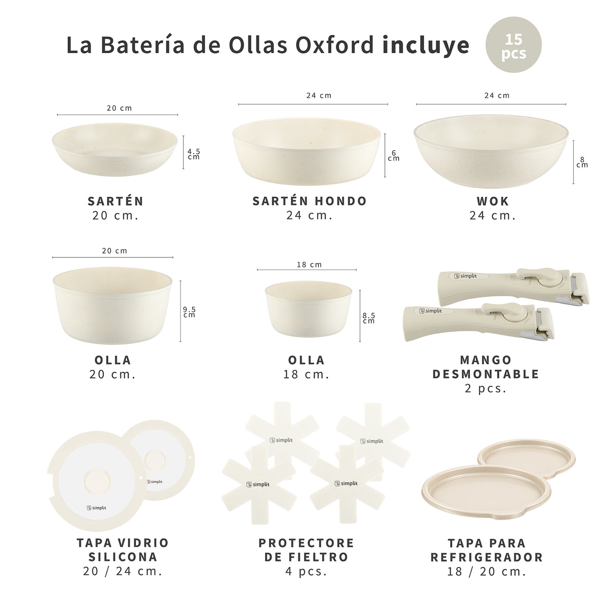 Beige · Batería de cocina Oxford Beige 15 piezas Simplit, las piezas que incluye con sus medidas