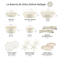 Beige · Batería de cocina Oxford Beige 15 piezas Simplit, las piezas que incluye con sus medidas