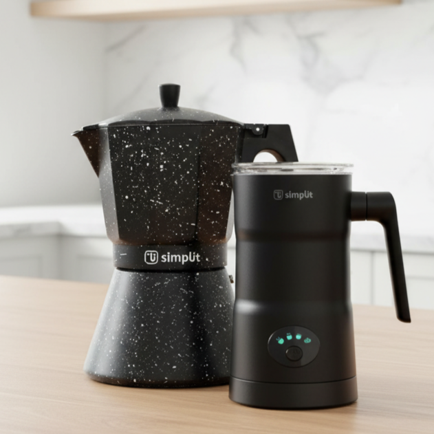 Pack Cafetera Italiana 12 Tz +Espumador 4 en 1 Negro Simplit