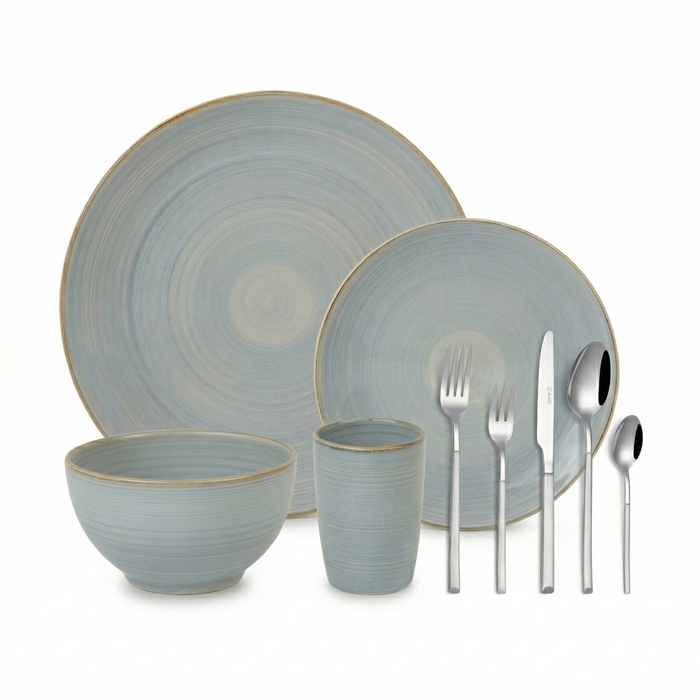 Juego Loza Cerámica 24 pcs Amalfi + Set de Cuchillería 30 pcs Acero Inoxidable Puglia