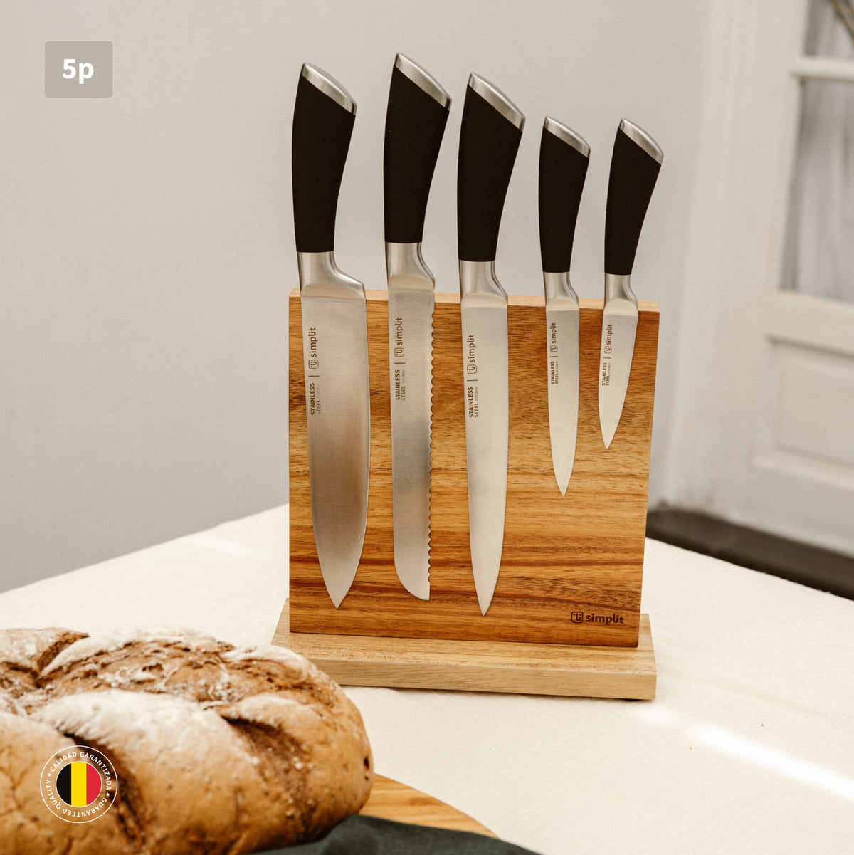 Tabla Para Picar Madera 40x28cm + Set Cuchillos Küche 5 pcs Acero Inoxidable