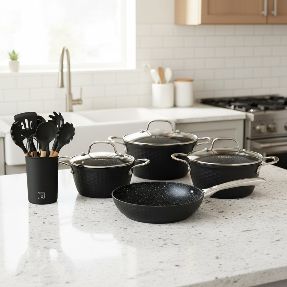 Pack Batería Copper 7Pz + Set 12 Utensilios Negro Simplit