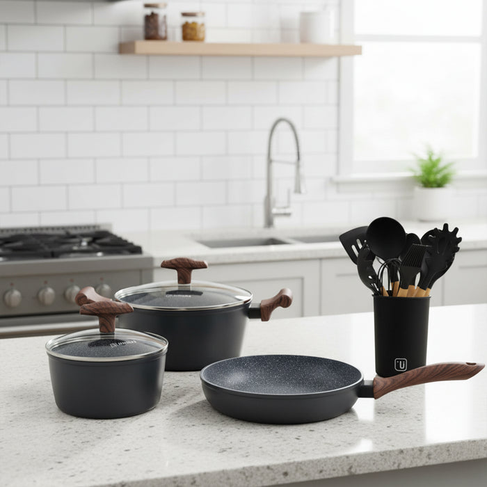 Batería de Cocina Oregon + Set 12 Utensilios Negro Simplit