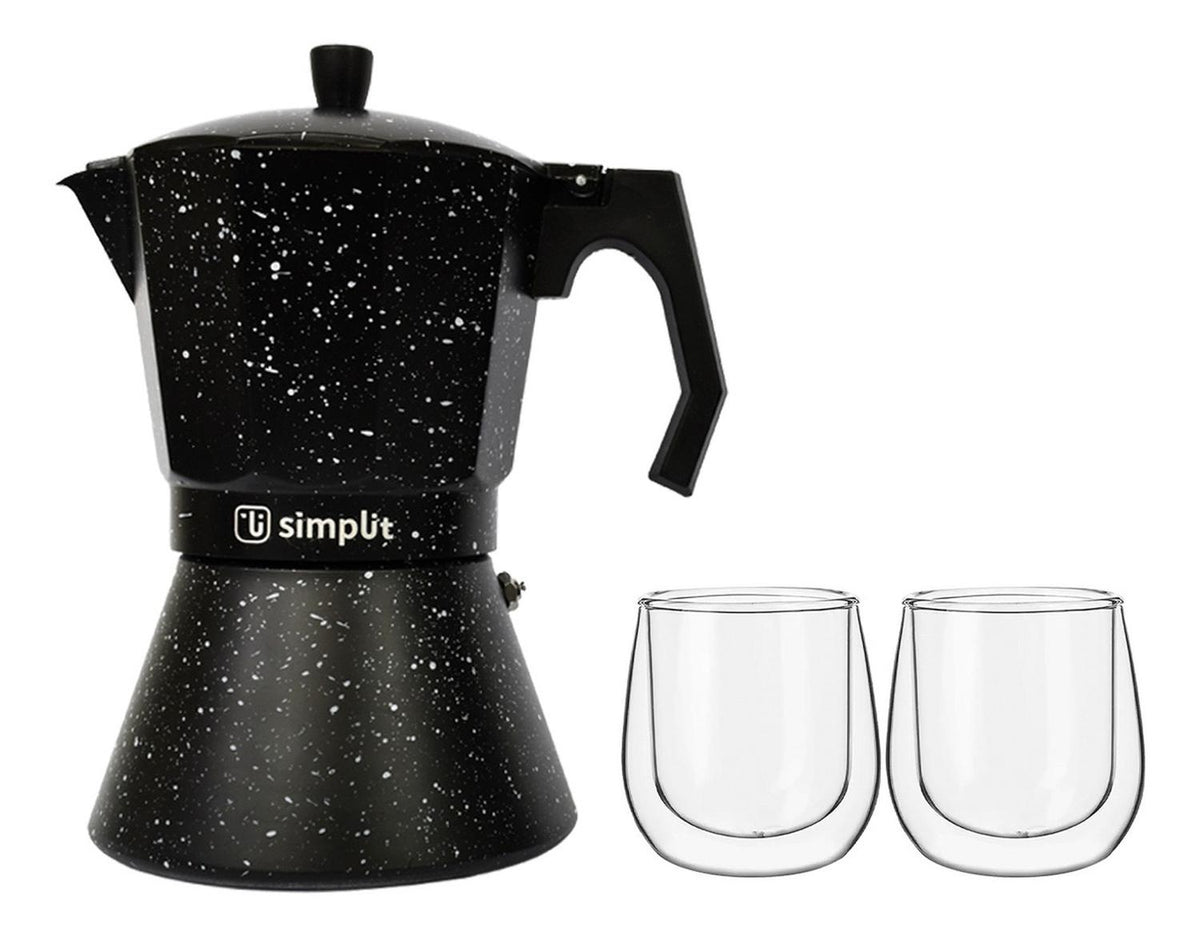 Pack Cafetera Italiana 4 Tazas + Set 2 Tazas Expreso 80 ml Simplit