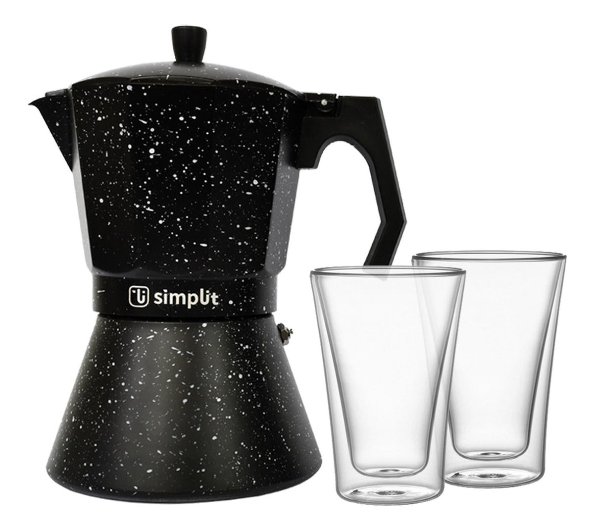 Pack Cafetera Italiana 12 Tazas + Set 2 Vasos Doble Pared 400 ml Simplit