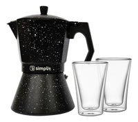 Pack Cafetera Italiana 12 Tazas + Set 2 Vasos Doble Pared 400 ml Simplit