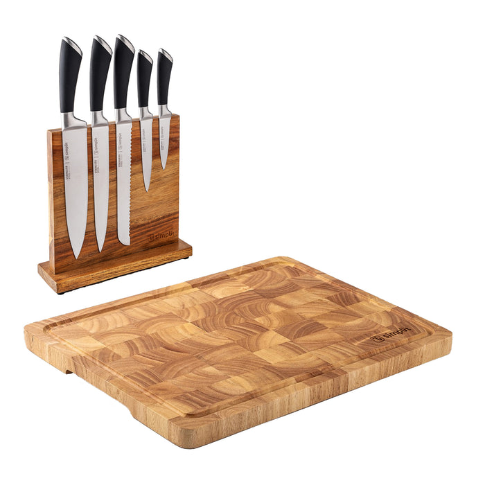 Tabla Para Picar Madera 40x28cm + Set Cuchillos Küche 5 pcs Acero Inoxidable