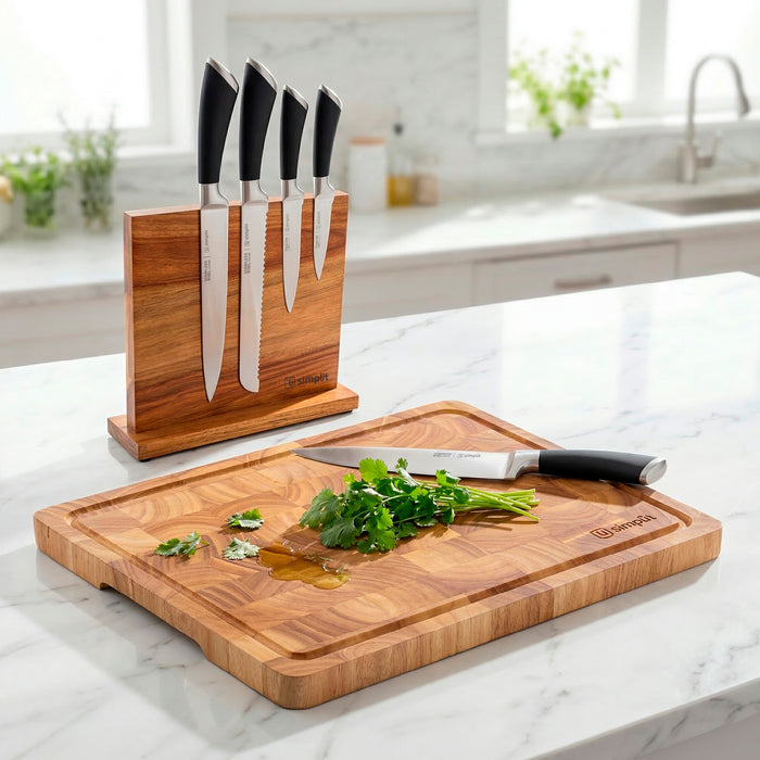 Tabla Para Picar Madera 40x28cm + Set Cuchillos Küche 5 pcs Acero Inoxidable