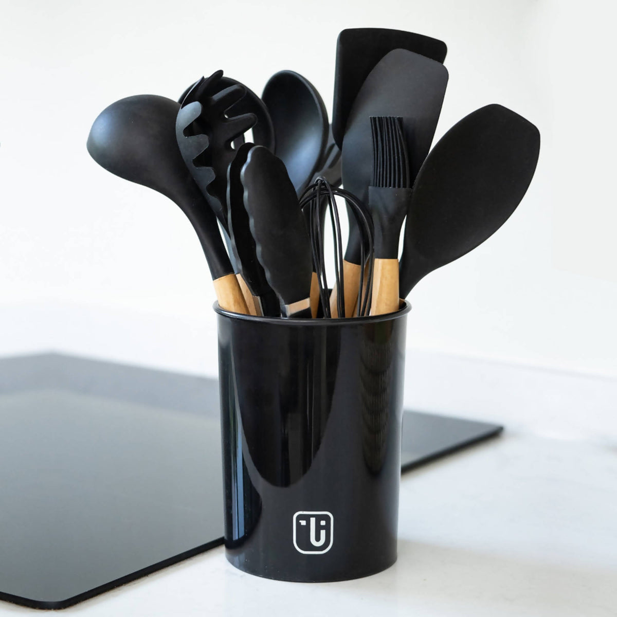 Simplit Set 12 Utensilios Cocina Silicona Negro apto antiadherente — frontal
