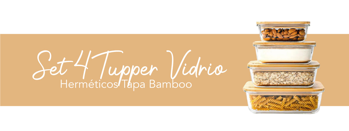 Simplit | Set 4 Tupper de Vidrio Herméticos Tapa Bamboo
