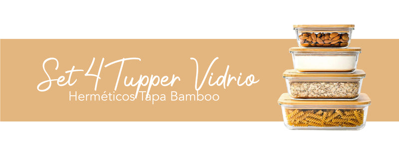Simplit | Set 4 Tupper de Vidrio Herméticos Tapa Bamboo