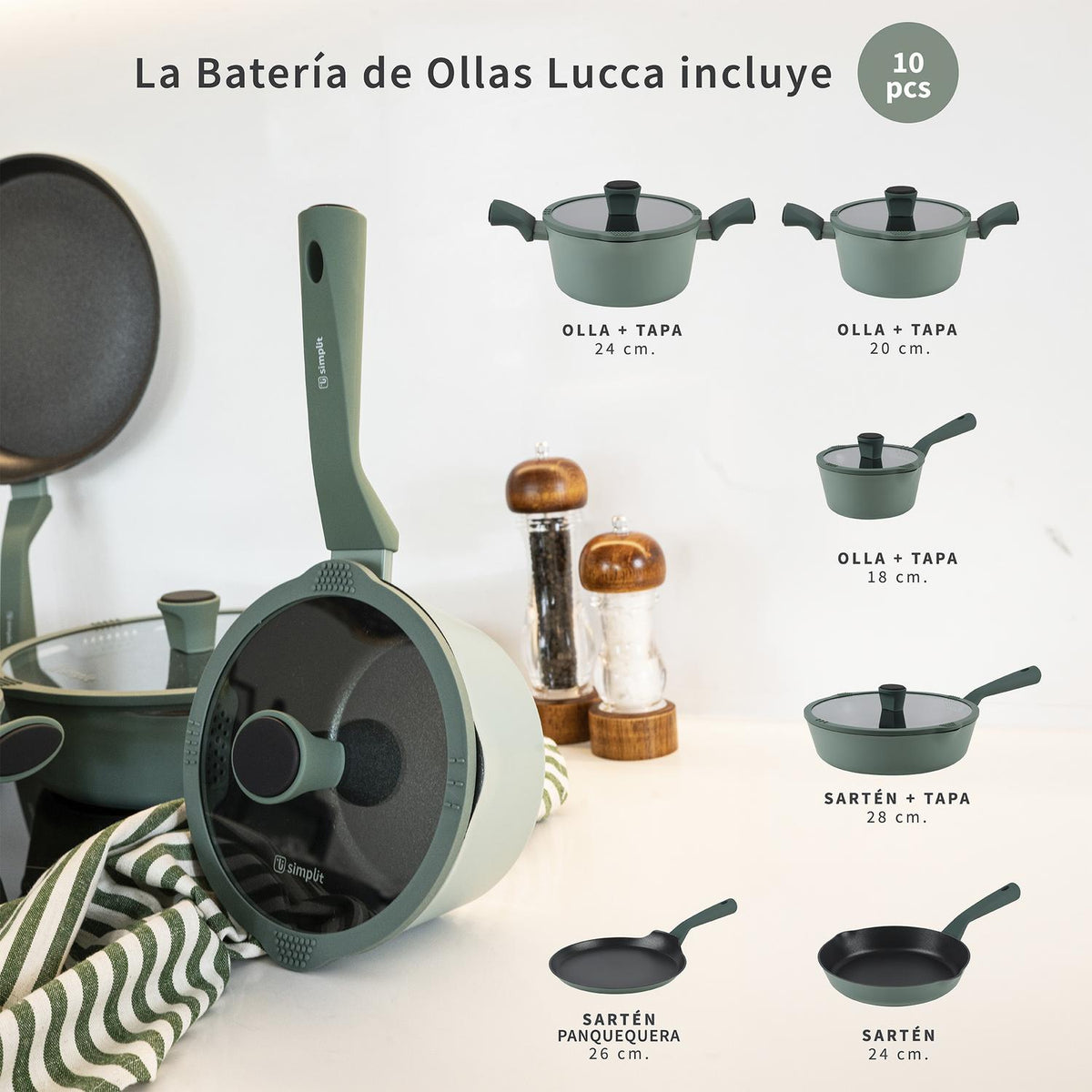 Simplit Batería Lucca — vista conjunto ollas y sartenes granito