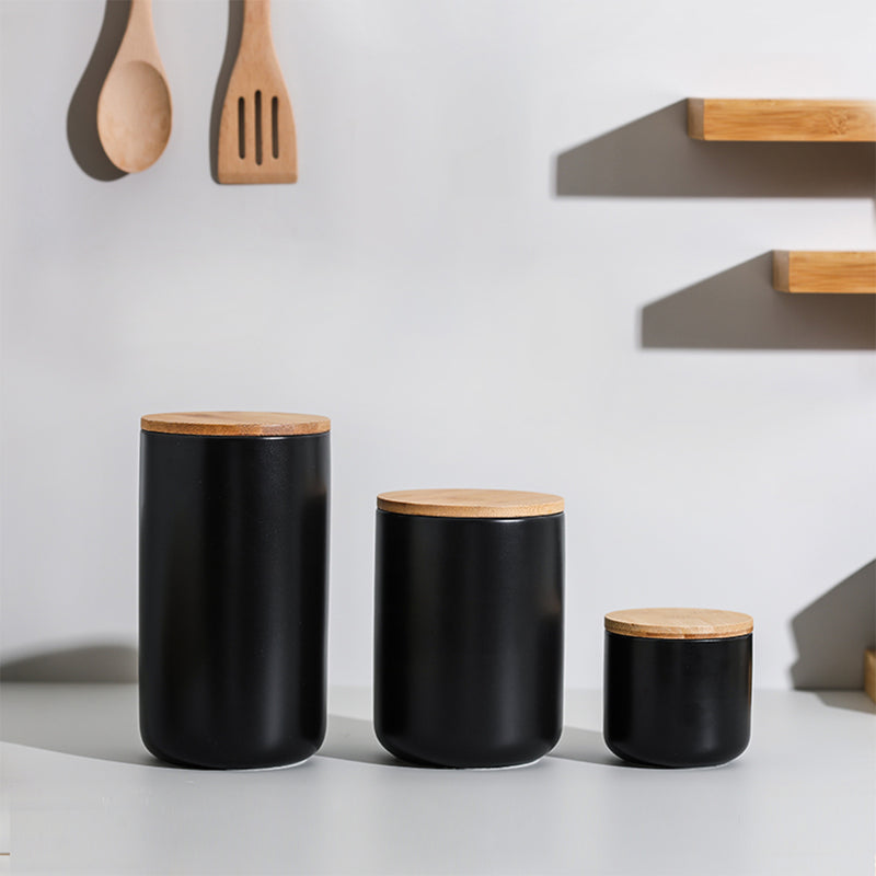 Contenedor de Cerámica Hermético Tapa Madera L Negro Simplit