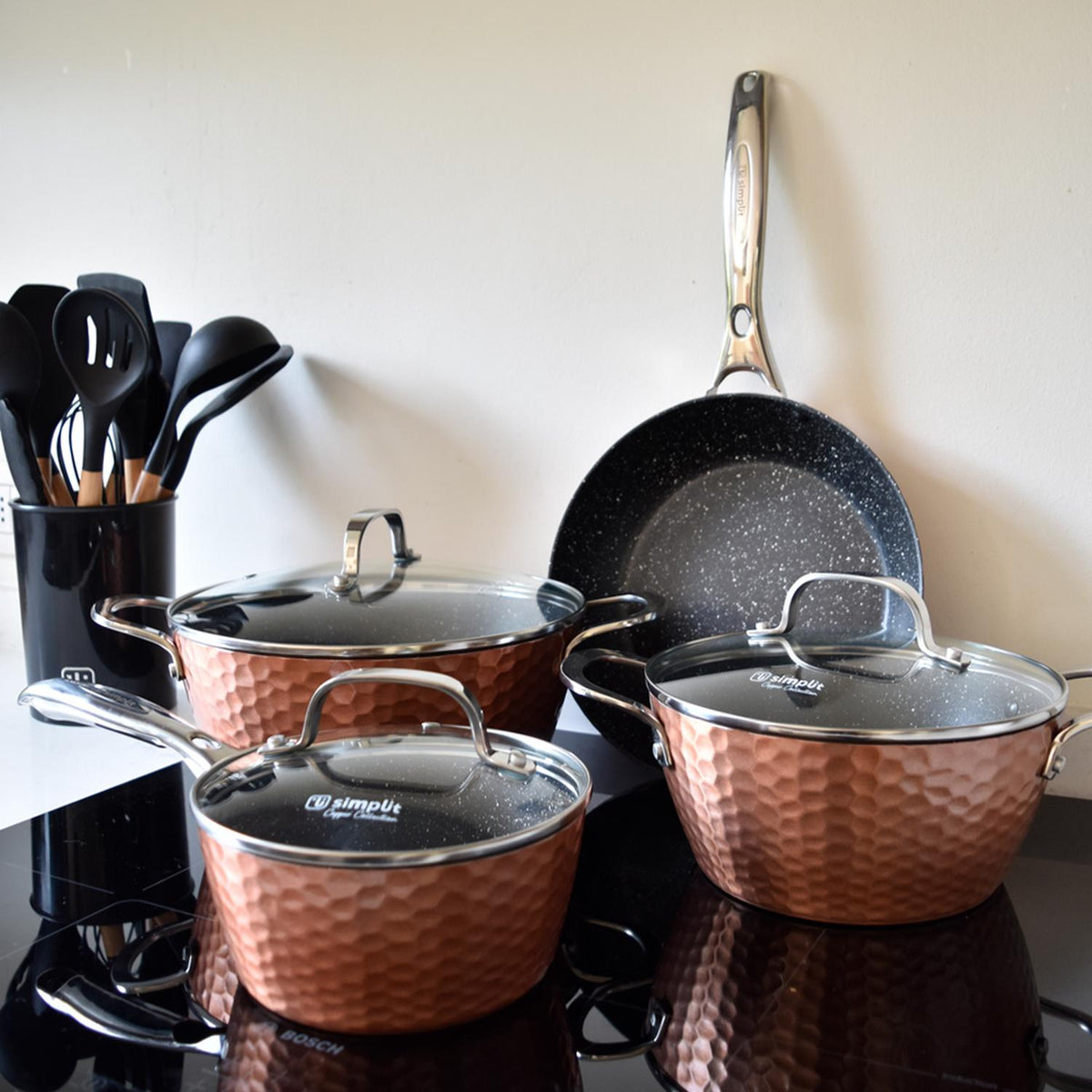 Simplit Batería de Cocina Copper 7 piezas antiadherente cobre apta inducción — frontal