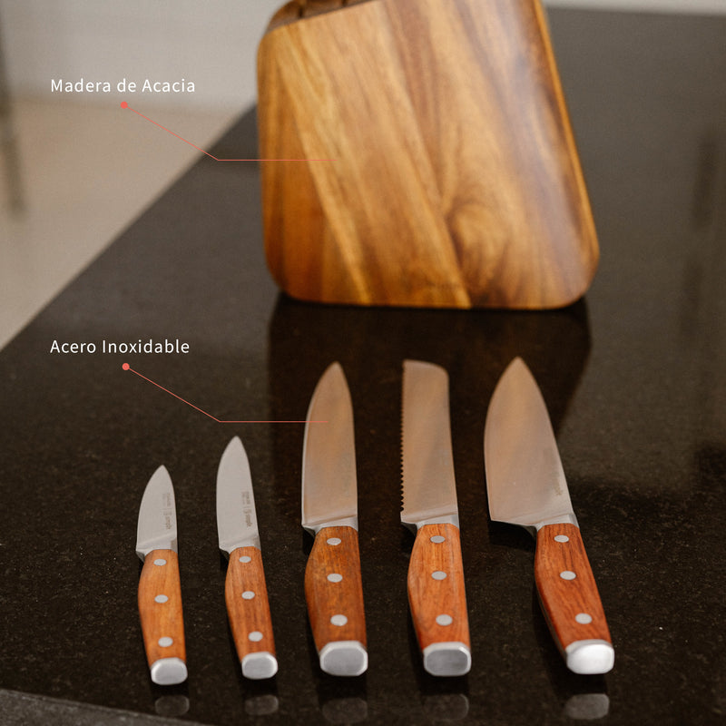 Set Cuchillos Holz 5 pcs Acero Inoxidable + Taco Simplit