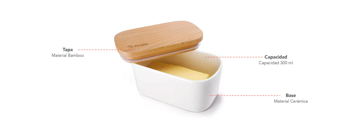 Simplit | Mantequillero de Cerámica Tapa Bamboo 300 ml