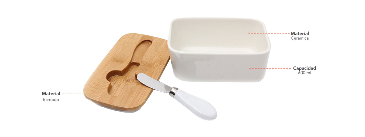 Simplit | Mantequillero de Cerámica Tapa Bamboo + Cuchillo 600 ml 