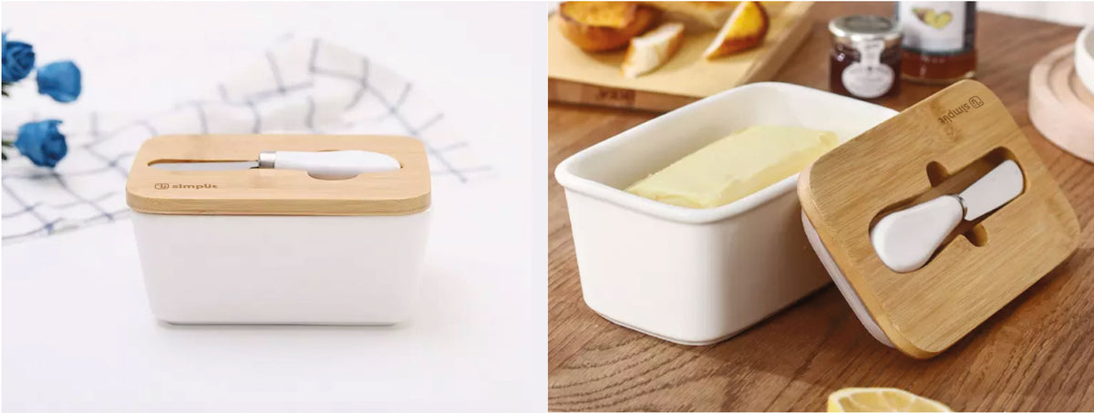 Simplit | Mantequillero de Cerámica Tapa Bamboo + Cuchillo 600 ml 