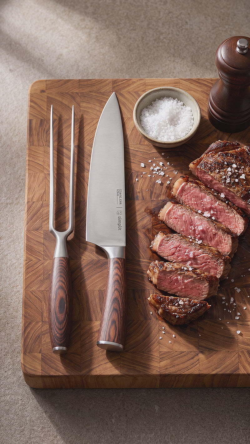Set Parrillero Toledo Simplit — cuchillo 21 cm y tenedor trinchando carne asada